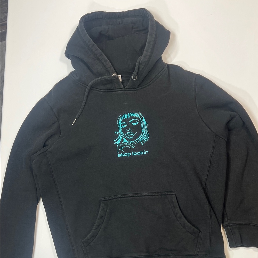Stop Looking Black Hoodie with Teal Graphic Design